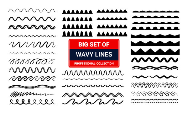 Set of horizontal wavy lines graphic design elements patterns zig zag wavy line Black silhouette icon set isolated on white background vector illustration 03. 