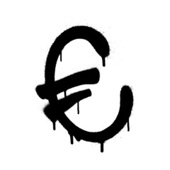 Currency icon of Euro. Black spray graffiti symbol of currency with smudges over white background. Vector illustration.
