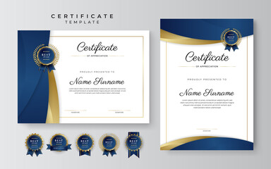Modern elegant blue and gold certificate of achievement template with gold badge and border. Designed for diploma, award, business, university, school, and corporate.