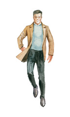 Figures of young people in casual clothes. They go to the viewer. Full-length. Watercolor illustration