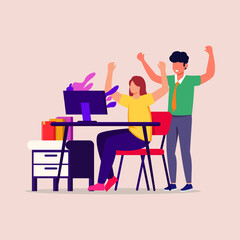 Happy excited successful a team worker triumphing in office. Vector colorful illustration.