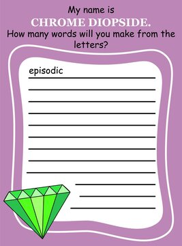 Anagram game for children in English vector. Create and write as many words as you can by stone name's letters. Words within a word puzzle for kids vertical printable worksheet with a big green gem