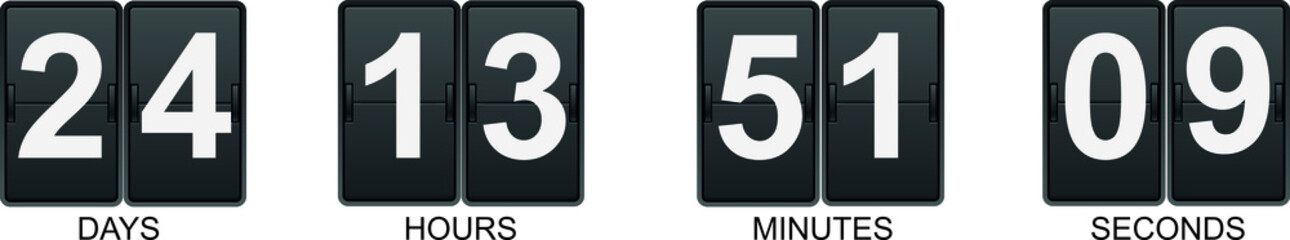 Realistic flip countdown clock counter timer. Flat count down day.Scoreboard time remaining count down flip board