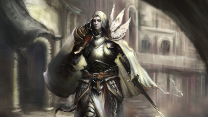 A holy paladin warrior in light heavy armor with a shield and a sword walks along the city street. digital drawing style, 2D illustration