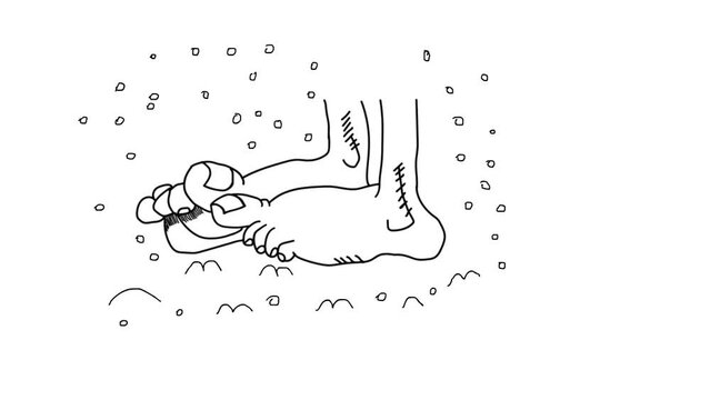 Animation of bare feet feeling cold while snowing.