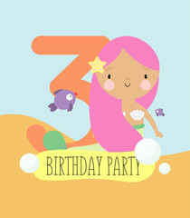 Birthday Party, Greeting Card, Party Invitation. Kids illustration with Cute Mermaid and with the inscription three. Vector illustration in cartoon style.
