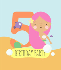 Birthday Party, Greeting Card, Party Invitation. Kids illustration with Cute Mermaid and with the inscription five. Vector illustration in cartoon style.