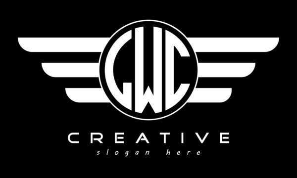 LWC three letter monogram type circle letter logo with wings vector template.