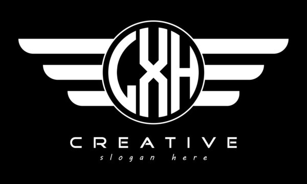 LXH three letter monogram type circle letter logo with wings vector template.