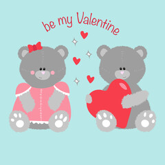 Couple of Teddy bears in love on blue back