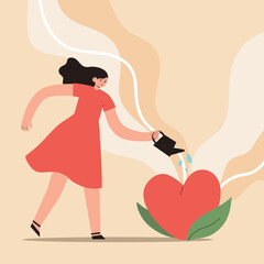 Woman watering heart shaped plant. Female character planting  flower of love . Work of volunteers, supporting, charity concept. Hand drawn vector cartoon style illustration.