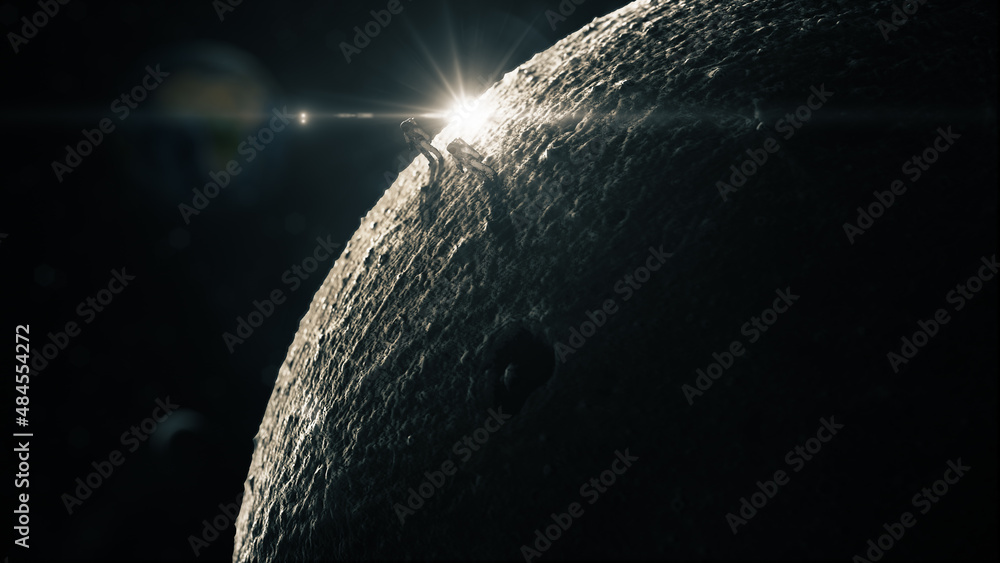 Poster astronaut stand on the moon and world out focus in galaxy space with 3d rendering.