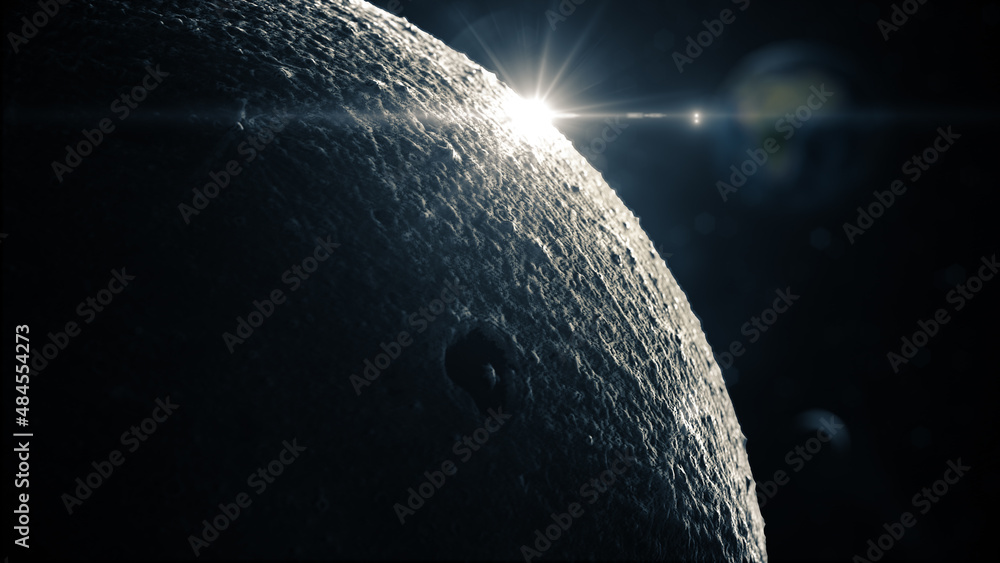 Poster light flare on the moon in focus and world out focus on galaxy space with 3d rendering.
