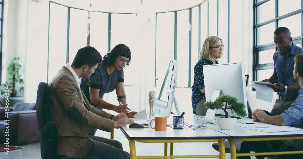 Poster getting everyone in on the project. group of businesspeople at work in a modern office. group of fiv