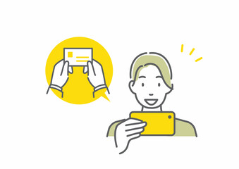 スマホを活用して仕事をする若いビジネスパーソン　シンプルでお洒落な線画イラスト