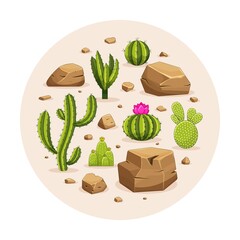 Desert cacti plants in circle shape isolated on white illustration, Vector hand-drawn. cacti and stones. Circle desert vector. Round western landscape sketch with cactus, sunset, and rocks