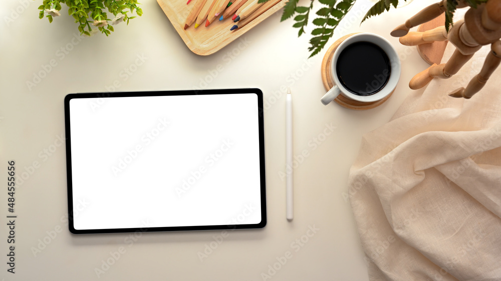 Poster flat lay, workspace with empty screen tablet touchpad mockup