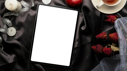 Black stylish feminine workspace with empty tablet screen mockup