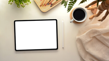 Flat lay, Workspace with empty screen tablet touchpad mockup