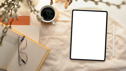 Flat lay, Empty tablet screen mockup on minimal feminine workspace.