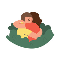 Couple in love hugs. Love relationship of a man and a woman. Taking care of each other. Strong embrace of two partners. Cartoon characters. Hand-drawn vector illustration. All elements are isolated.