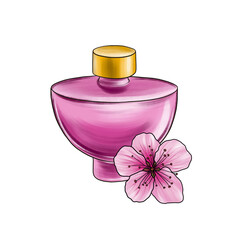 drawing glass perfume botte and peach flower, hand drawn illustration