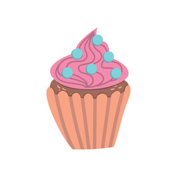 Cupcake in cartoon style. Cute dessert with pink cream and sprinkles.  Hand-drawn vector illustration on a white isolated background.
