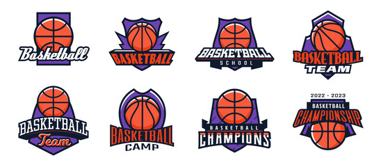 Set of logos, basketball emblems. Colorful collection of basketball emblems. Logo template for sports tournaments, leagues, championship, champion. Shield, ball, font. Isolated vector illustration