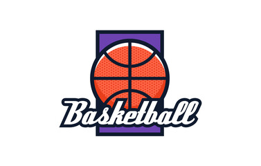Logo, emblem of basketball. Colorful basketball ball emblem on the background of the shield. Sports club, team logo template. Badge, icon, ball, shield. Isolated vector illustration.