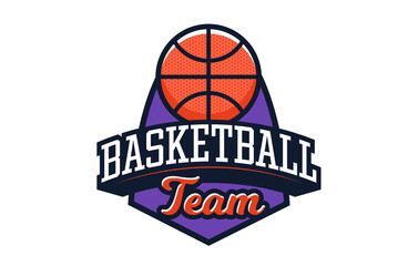 Logo, emblem of basketball. Colorful basketball ball emblem on the background of the shield. Sports club, team logo template. Badge, icon, ball, shield. Isolated vector illustration.