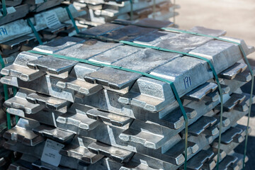 View of the aluminum ingots or billets after Hall–Heroult process. Aluminium or aluminum is a...