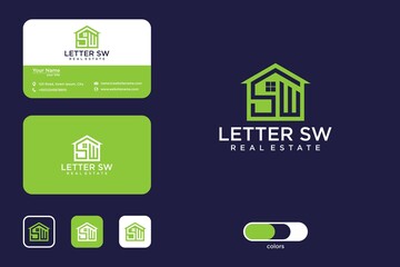 Letter sw with house logo design and business card - obrazy, fototapety, plakaty