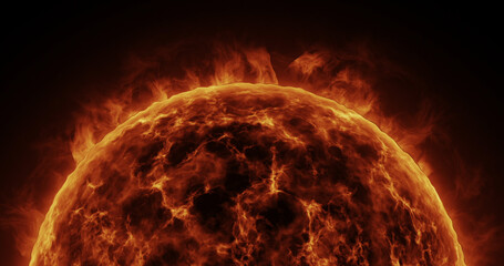 Sun Atmosphere on black background. Hot sun flares on the surface. 3D Solar illustration in High Quality. Space view. Science footage.