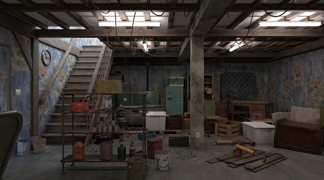 3D illustration brick basement with unnecessary obsolete things