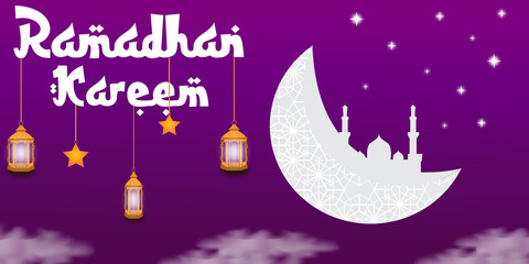 Beautiful glowing hanging lanterns on a purple background, with the silhouette of the moon and mosque, Wallpaper design on the occasion of the Holy Month of Ramadan Kareem Muslim. 