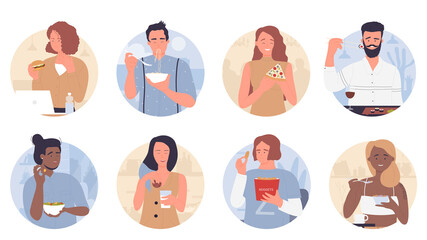 Happy people eat food in round avatar set vector illustration. Cartoon hungry persons sitting at restaurant or home table, woman and man eating. Dinner, lunch or breakfast meal, lifestyle concept