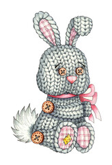 Watercolor illustration of a knitted gray rabbit. Seamless repeating print of a children's toy. Ideal for print, web, textile design, scrapbooking, gifting. Isolated on white background. Drawn by han