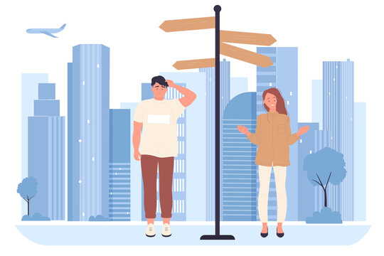 People Choose Right Road, Future Direction Or Making Work Or Life Decision Vector Illustration. Cartoon Man And Woman Standing On Crossroad Near Signpost Guidance In Urban Landscape With Skyscrapers