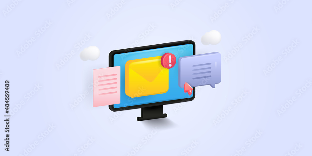 Poster 3d illustration concept email notification on computer screen,. new email message inbox, online news