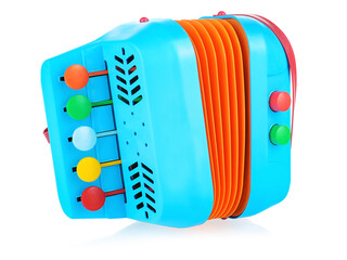 Children's musical instrument accordion. Blue accordion made of plastic on a white background