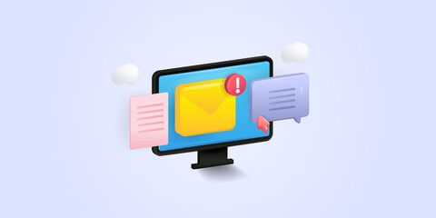 3d illustration concept email notification on computer screen,. new email message inbox, online newsletter communication, internet technology.