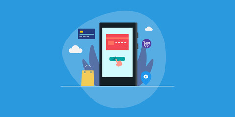 Online shopping application using on smartphone device, ecommerce retail app, mobile shopping flat design illustration concept, web banner template.