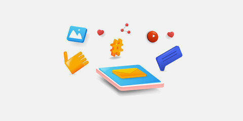 3d social media, mobile marketing, online communication internet technology concept, web banner illustration.