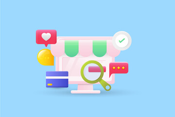 3d illustration - ecommerce shopping, online retail store, website application, digital banking with credit card payment. Abstract banner with blue background.