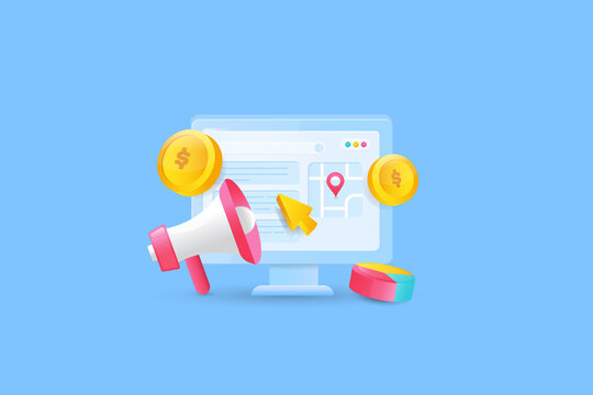 3d illustration - ppc campaign, online paid media advertising, display native ads, sponsored content marketing, click on internet ads, megaphone promotion, money coin concept, abstract background.