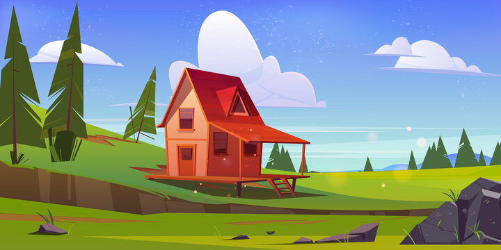 Wooden small house on hill with green grass and trees. Vector cartoon illustration of summer or spring landscape of countryside with village cottage with porch