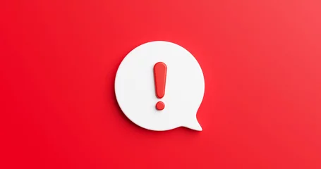 Fotobehang Red notification reminder icon chat message of attention alert alarm notice sign or flat design social button important caution symbol and warning urgent exclamation isolated on 3d danger background. © Lemonsoup14