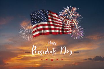 Presidents day card with flag and fireworks