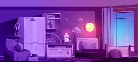 Boys bedroom with bed, cupboard, bookshelf,chair and toys box at night. Vector cartoon illustration of empty kids room interior with books, ball, rocket, robot and night light on wall