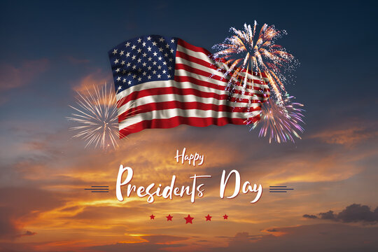 Presidents Day Card With Flag And Fireworks